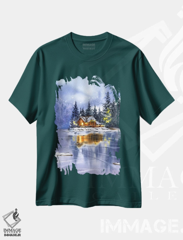 تیشرت سبز طرح دار Christmas Motif,منظره زمستانی با تم کریسمس اثر هوم لایک آرت