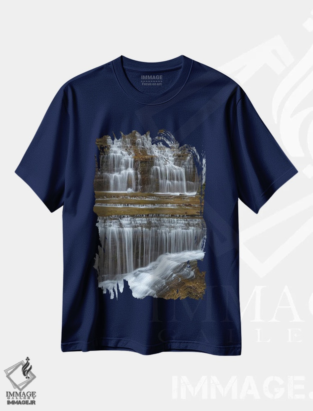 تیشرت سرمه ای طرح دار New York, Watkins Glen. Waterfall cascade over rock.,ایالات متحده، نیویورک، واتکینز گلن. آبشار جاری بر روی صخره ها. اثر جینز گالری