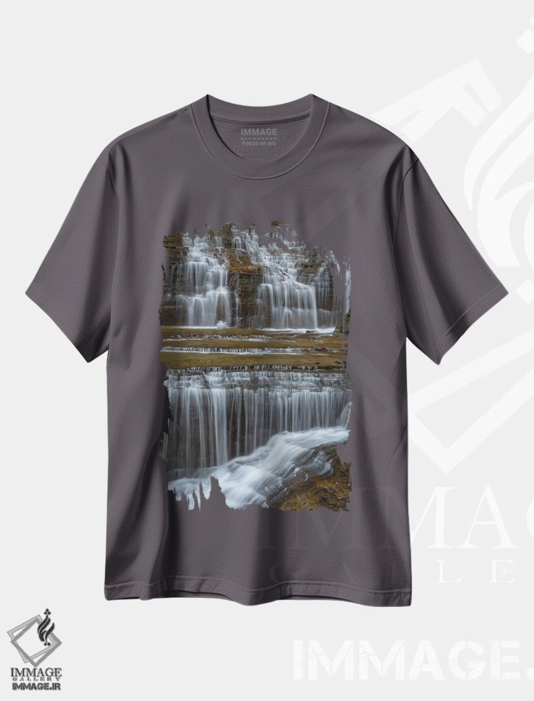 تیشرت طوسی طرح دار New York, Watkins Glen. Waterfall cascade over rock.,ایالات متحده، نیویورک، واتکینز گلن. آبشار جاری بر روی صخره ها. اثر جینز گالری