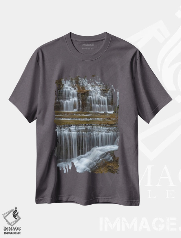 تیشرت طوسی طرح دار New York, Watkins Glen. Waterfall cascade over rock.,ایالات متحده، نیویورک، واتکینز گلن. آبشار جاری بر روی صخره ها. اثر جینز گالری