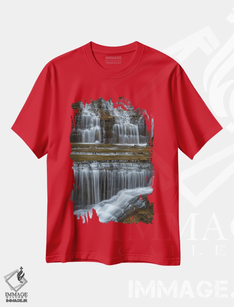 تیشرت قرمز طرح دار New York, Watkins Glen. Waterfall cascade over rock.,ایالات متحده، نیویورک، واتکینز گلن. آبشار جاری بر روی صخره ها. اثر جینز گالری