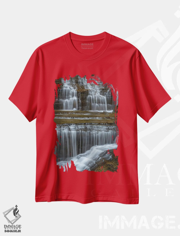 تیشرت قرمز طرح دار New York, Watkins Glen. Waterfall cascade over rock.,ایالات متحده، نیویورک، واتکینز گلن. آبشار جاری بر روی صخره ها. اثر جینز گالری