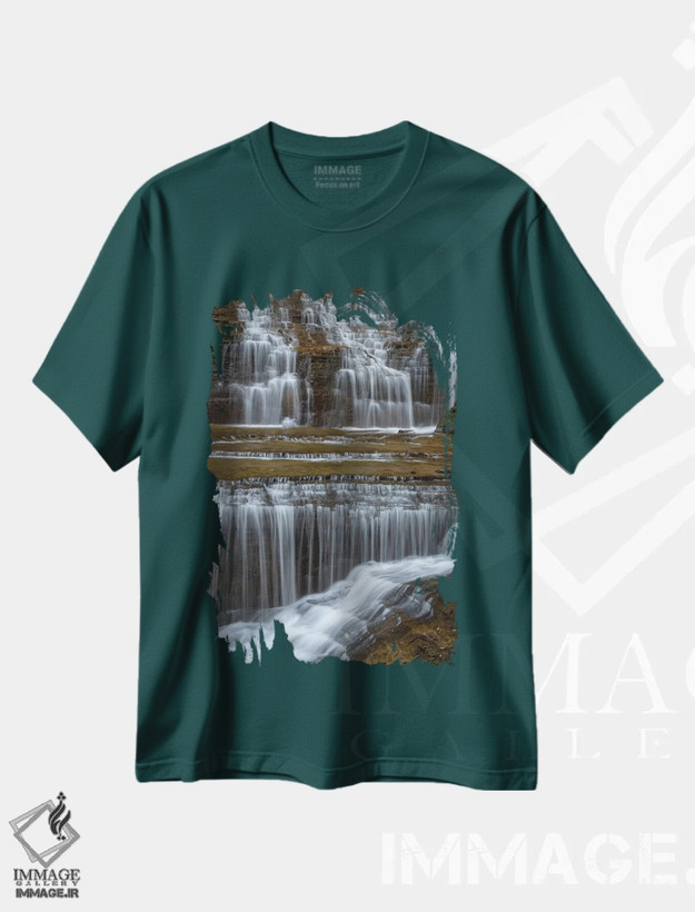 تیشرت سبز طرح دار New York, Watkins Glen. Waterfall cascade over rock.,ایالات متحده، نیویورک، واتکینز گلن. آبشار جاری بر روی صخره ها. اثر جینز گالری