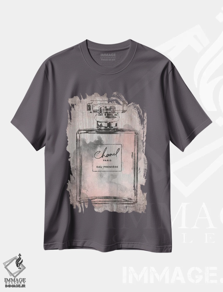 تیشرت طوسی طرح دار Pink Grey Metallic Rose Gold,بطری عطر صورتی خاکستری متالیک و رزگلد اثر آماندا گرینوود