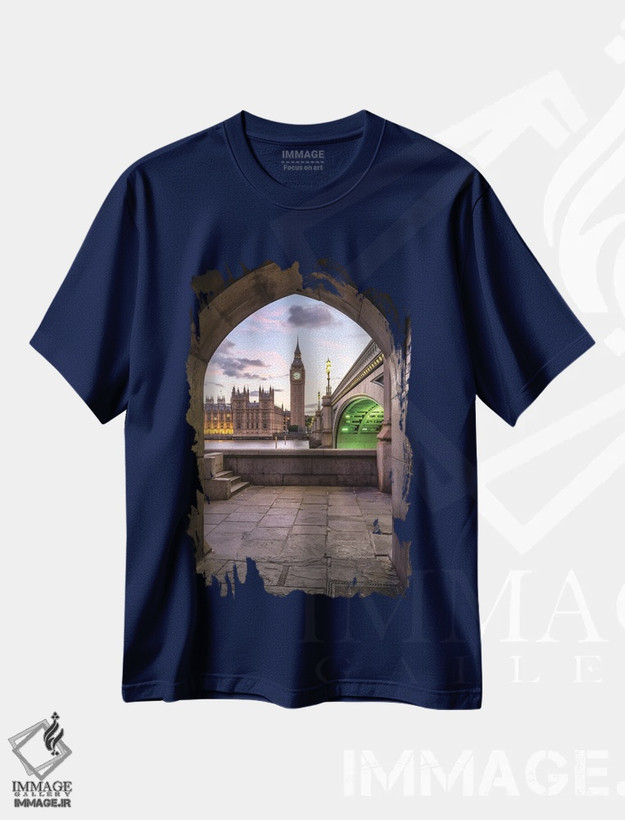 تیشرت سرمه ای طرح دار London, Great Britain,برج بیگ بن و پل وست مینستر در هنگام غروب، لندن، بریتانیا اثر یان بکه