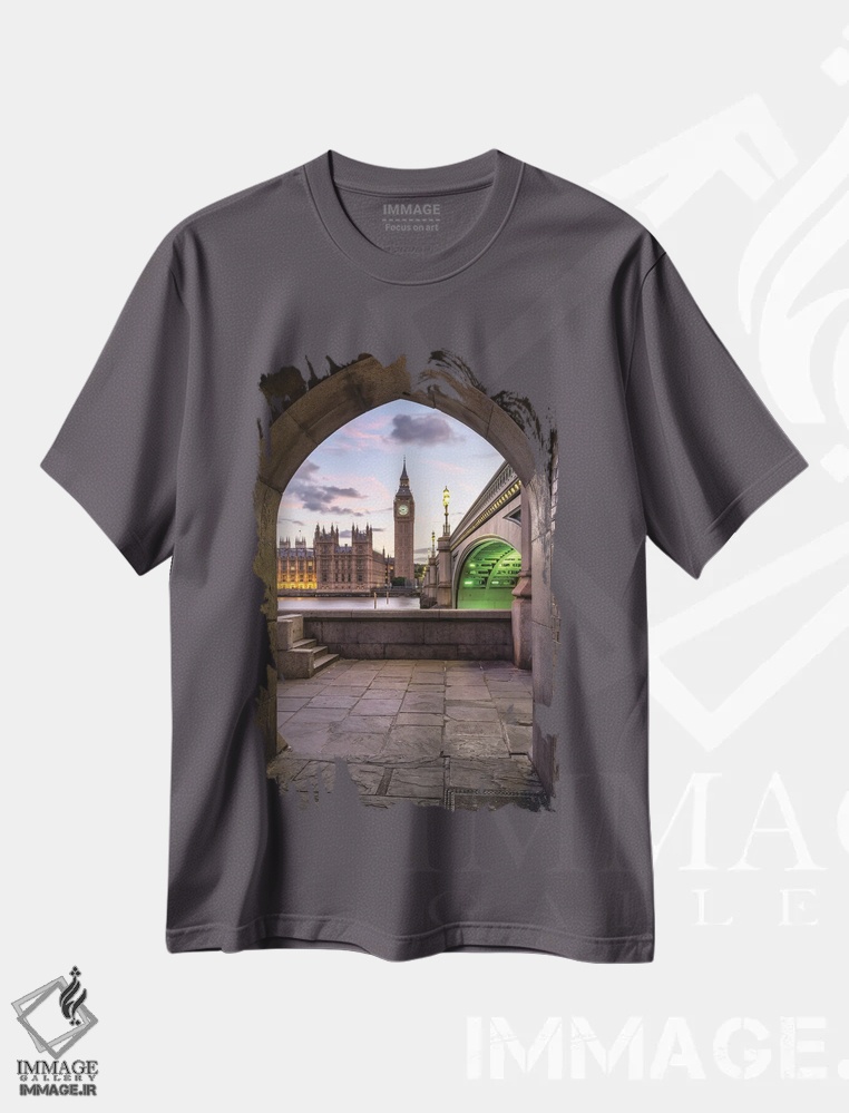 تیشرت طوسی طرح دار London, Great Britain,برج بیگ بن و پل وست مینستر در هنگام غروب، لندن، بریتانیا اثر یان بکه
