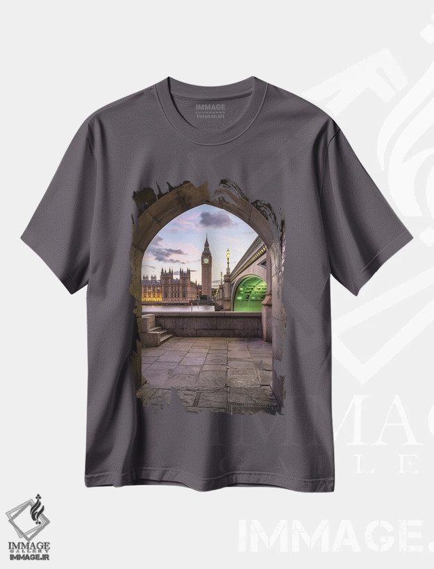 تیشرت طوسی طرح دار London, Great Britain,برج بیگ بن و پل وست مینستر در هنگام غروب، لندن، بریتانیا اثر یان بکه