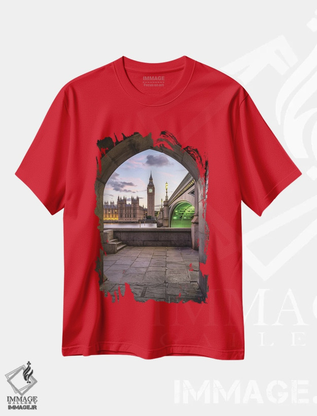 تیشرت قرمز طرح دار London, Great Britain,برج بیگ بن و پل وست مینستر در هنگام غروب، لندن، بریتانیا اثر یان بکه