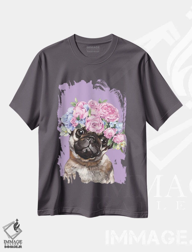 تیشرت طوسی طرح دار پاگ زیبا با تاج گل به رنگ یاسی اثر بگ نوز ورک