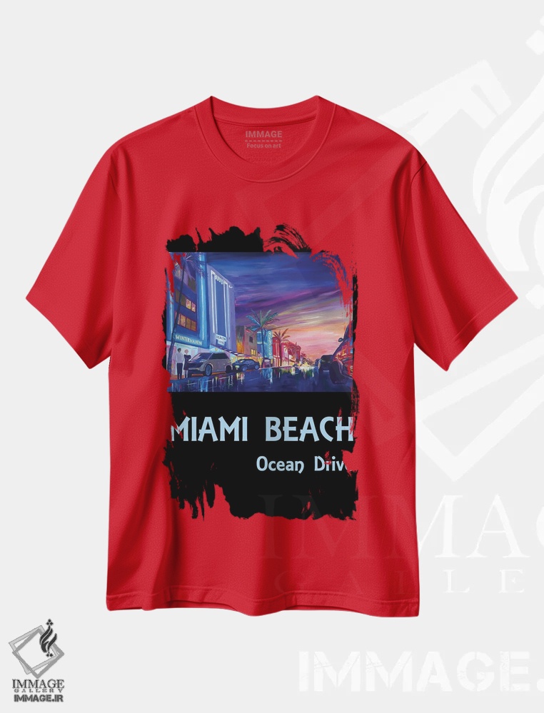تیشرت قرمز طرح ساحلی ,پوستر اوشن درایو میامی بیچ اثر مارکوس و مارتینا بلیشنر