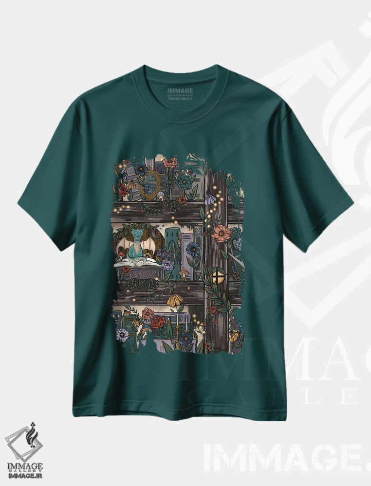 تیشرت سبز طرح دار قفسه کتاب جنگل فانتزی اثر کیتی برایانت