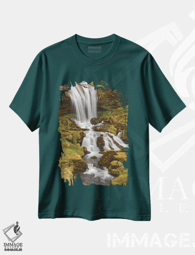 تیشرت سبز طرح دار Sheep'S Waterfall,ایسلند، آبشار گوسفندها اثر جان فورد