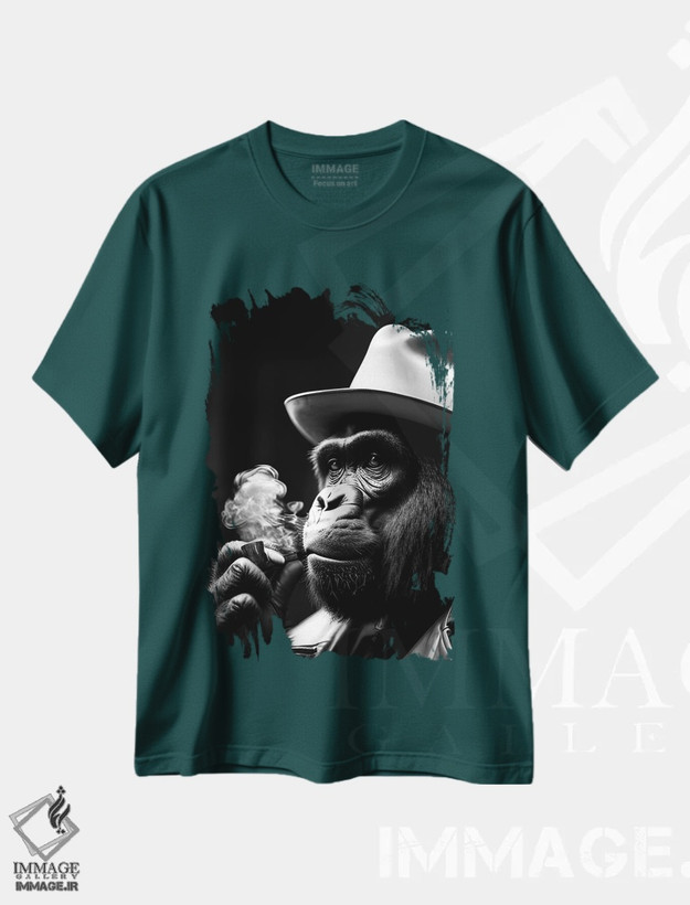 تیشرت سبز طرح دار Hat On Head And Elegantly Dressed, Animal Black And White V,پرتره سیاه وسفید گوریل در حال سیگار کشیدن با کلاه و لباس شیک اثر آدریان ویریو