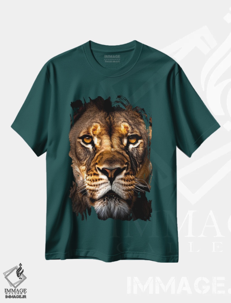 تیشرت سبز طرح دار Animal II,پرتره صورت شیر به صورت جداشده اثر آدریان ویریو
