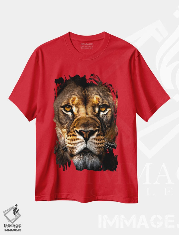 تیشرت قرمز طرح دار Animal II,پرتره صورت شیر به صورت جداشده اثر آدریان ویریو