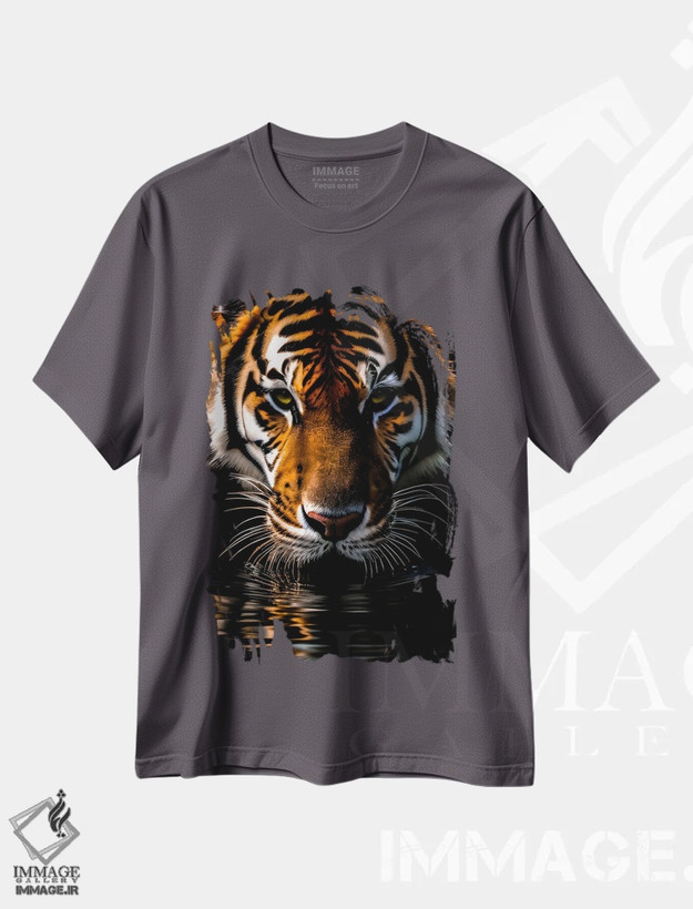 تیشرت طوسی طرح دار Animal,پرتره صورت ببر هنگام نوشیدن آب از دریاچه اثر آدریان ویریو
