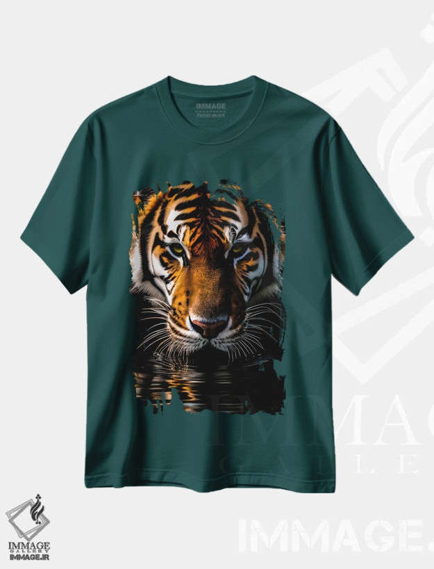 تیشرت سبز طرح دار Animal,پرتره صورت ببر هنگام نوشیدن آب از دریاچه اثر آدریان ویریو