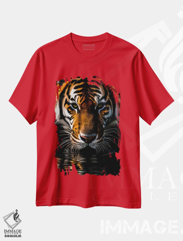 تیشرت قرمز طرح دار Animal,پرتره صورت ببر هنگام نوشیدن آب از دریاچه اثر آدریان ویریو