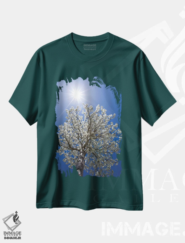 تیشرت سبز طرح دار California, Bishop. Flowering Pear Tree.,آمریکا، کالیفرنیا، بیشاپ. درخت گلابی شکوفه داده اثر جینز گالری
