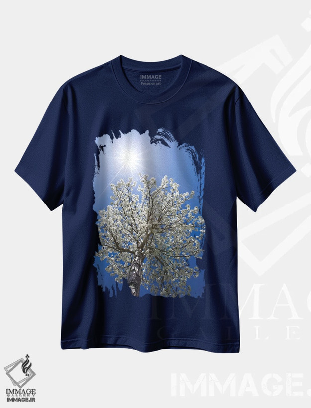 تیشرت سرمه ای طرح دار California, Bishop. Flowering Pear Tree.,آمریکا، کالیفرنیا، بیشاپ. درخت گلابی شکوفه داده اثر جینز گالری