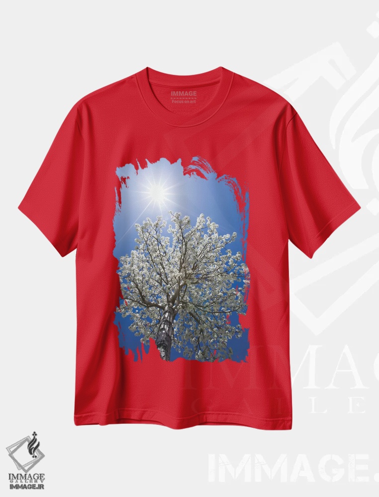 تیشرت قرمز طرح دار California, Bishop. Flowering Pear Tree.,آمریکا، کالیفرنیا، بیشاپ. درخت گلابی شکوفه داده اثر جینز گالری