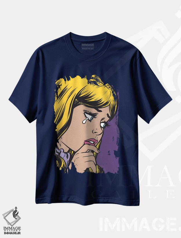 تیشرت سرمه ای طرح دار دختر غمگین با چتری بلوند اثر آلیسون گاتچل