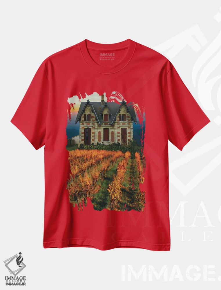 تیشرت قرمز طرح دار تاکستان پاییزی نزدیک یک عمارت قدیمی اثر ایوجنیا بیدیوک