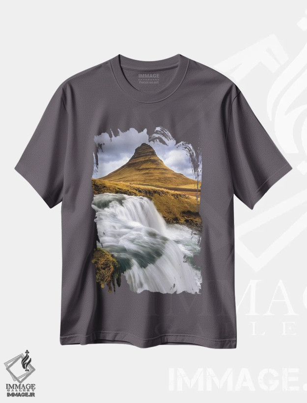تیشرت طوسی طرح دار Snaefellsnes Peninsula, Iceland,کوه کیرکجوفل و آبشار، شبه جزیره اسنایفلسنس، ایسلند اثر جین ریکس