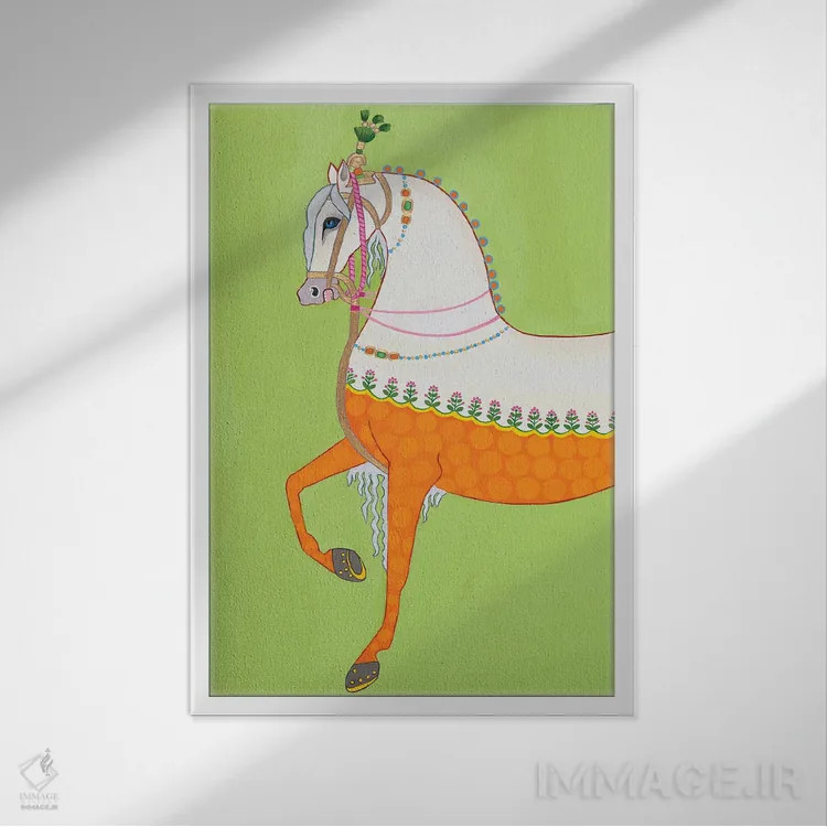 تابلو دکوراتیو اسب هندی سمت چپ اثر گرین ارکید بوتیک - نمای قابدار سفید