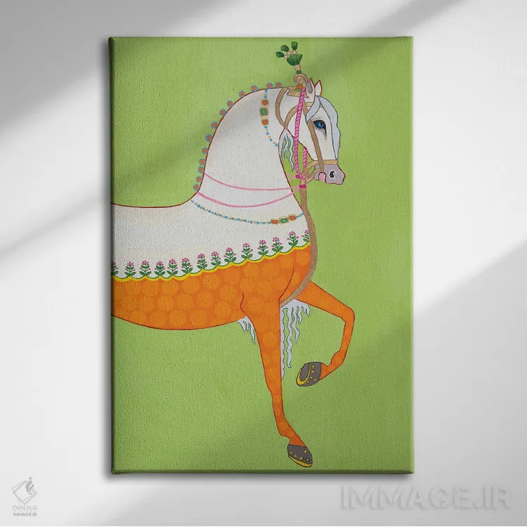 تابلو دکوراتیو اسب هندی سمت راست اثر گرین ارکید بوتیک - نمای روبهرو روی دیوار