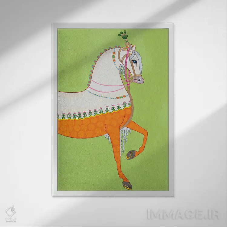 تابلو دکوراتیو اسب هندی سمت راست اثر گرین ارکید بوتیک - نمای قابدار سفید