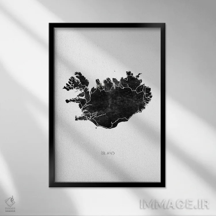 تابلو دکوراتیو نقشه سیاه ایسلند اثر مونیکا استریگل - نمای قابدار مشکی