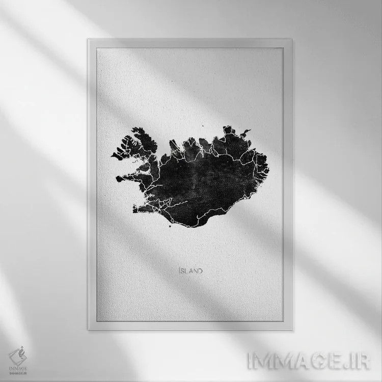 تابلو دکوراتیو نقشه سیاه ایسلند اثر مونیکا استریگل - نمای قابدار سفید