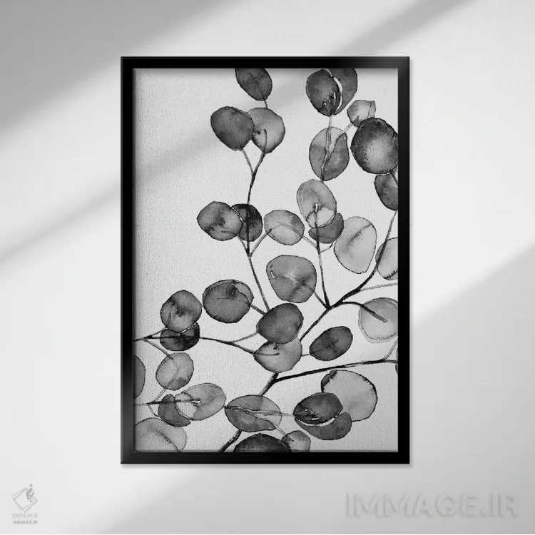 تابلو مینیمال اکالیپتوس آبرنگی سیاه و سفید اثر مونیکا استریگل - نمای قابدار مشکی