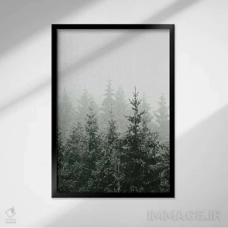 تابلو دکوراتیو جنگل کوهستانی سبز اثر مونیکا استریگل - نمای قابدار مشکی