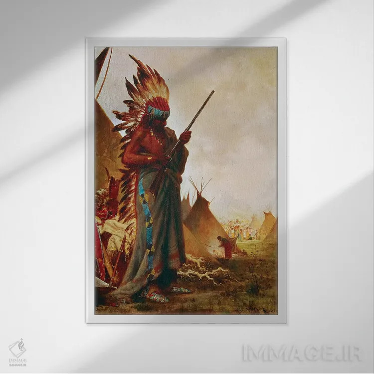 تابلو دکوراتیو بومی آمریکایی و تفنگ اثر ژول تورنیر - نمای قابدار سفید