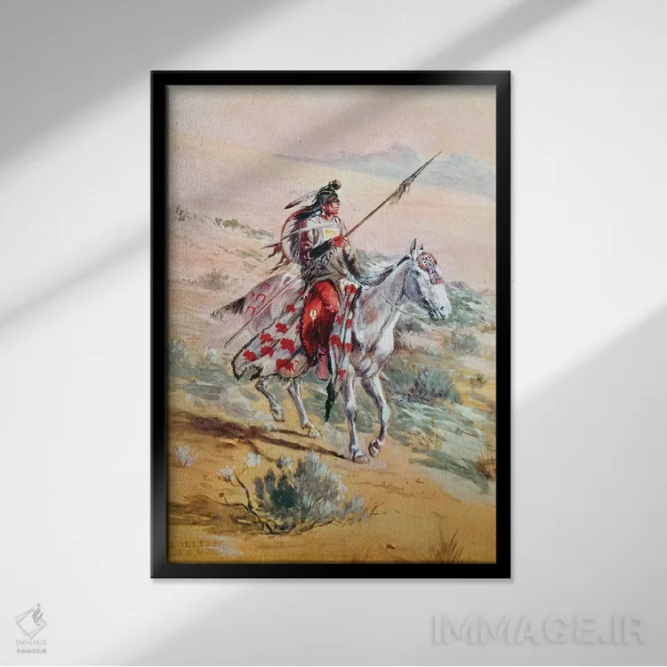 تابلو دکوراتیو جنگجوی بومی آمریکایی اثر اولاف کارل سلتر - نمای قابدار مشکی