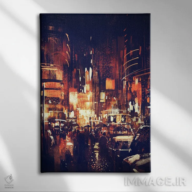 تابلو انتزاعی خیابان شهر در شب اثر گرندفیلر - نمای روبهرو روی دیوار