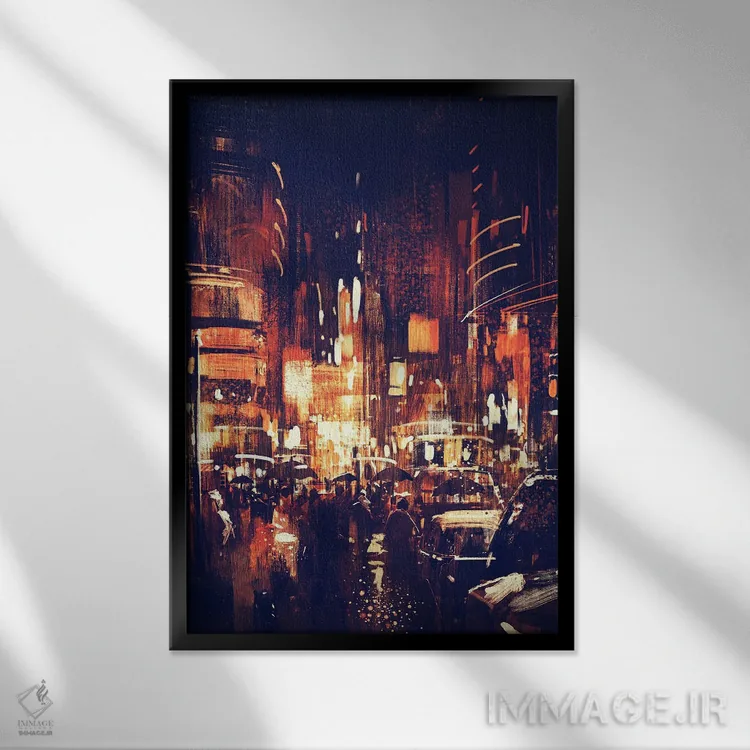 تابلو انتزاعی خیابان شهر در شب اثر گرندفیلر - نمای قابدار مشکی