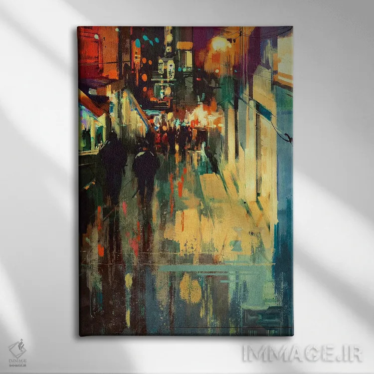 تابلو انتزاعی کوچه رنگارنگ در شب اثر گرندفیلر - نمای روبهرو روی دیوار