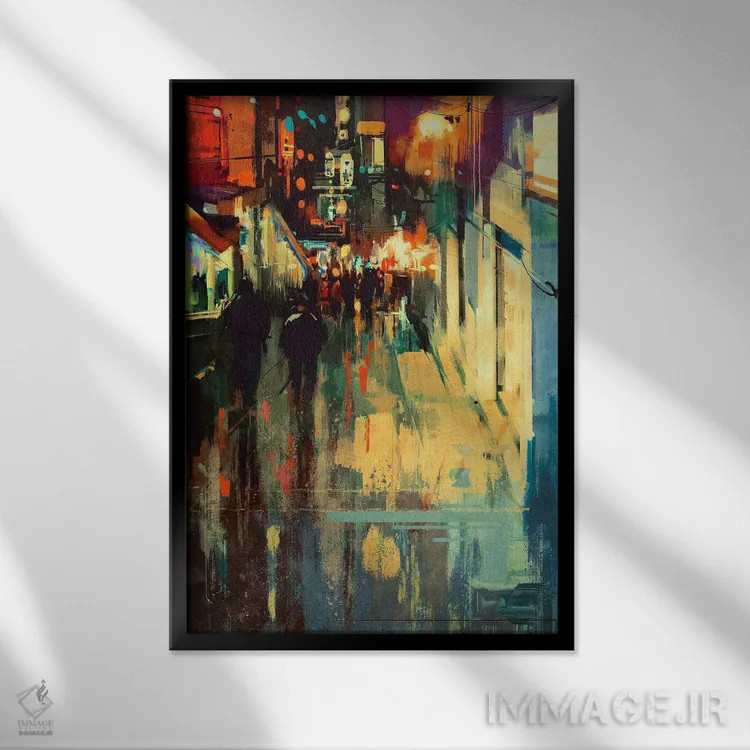 تابلو انتزاعی کوچه رنگارنگ در شب اثر گرندفیلر - نمای قابدار مشکی