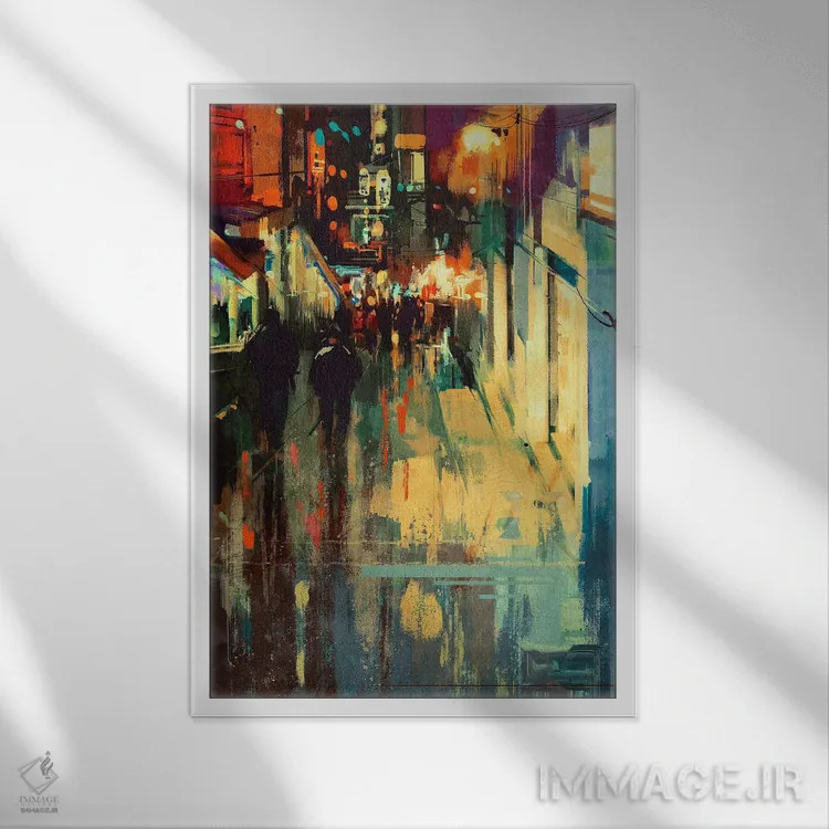 تابلو انتزاعی کوچه رنگارنگ در شب اثر گرندفیلر - نمای قابدار سفید