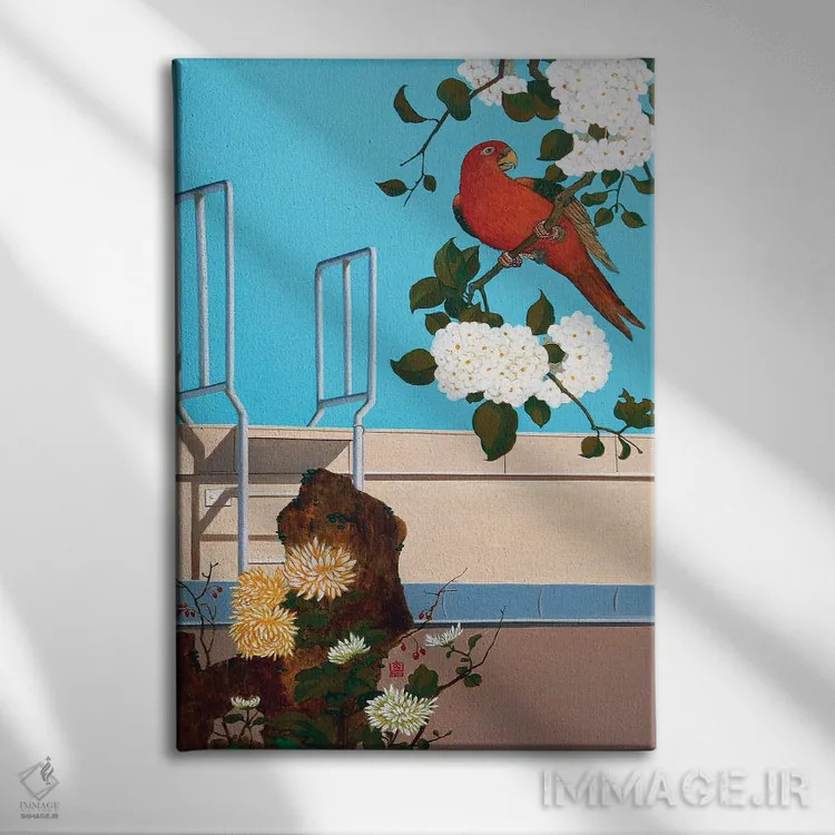 تابلو دکوراتیو گل و پرنده II اثر گوئیگن ژا - نمای روبهرو روی دیوار
