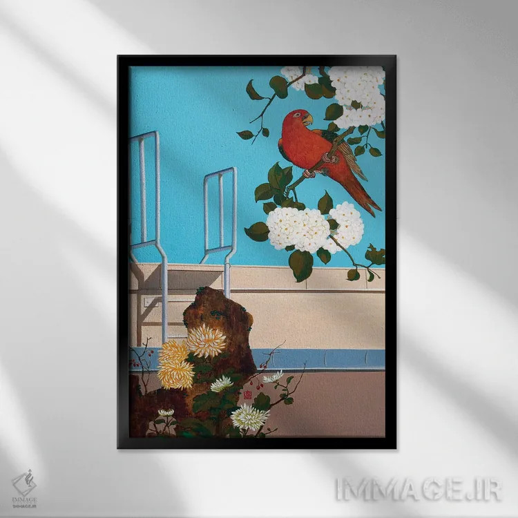 تابلو دکوراتیو گل و پرنده II اثر گوئیگن ژا - نمای قابدار مشکی