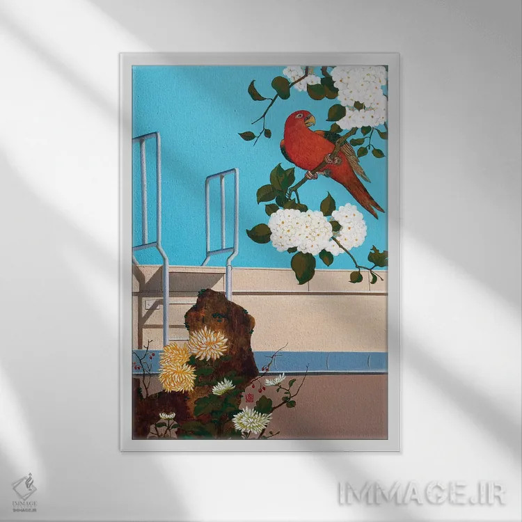 تابلو دکوراتیو گل و پرنده II اثر گوئیگن ژا - نمای قابدار سفید