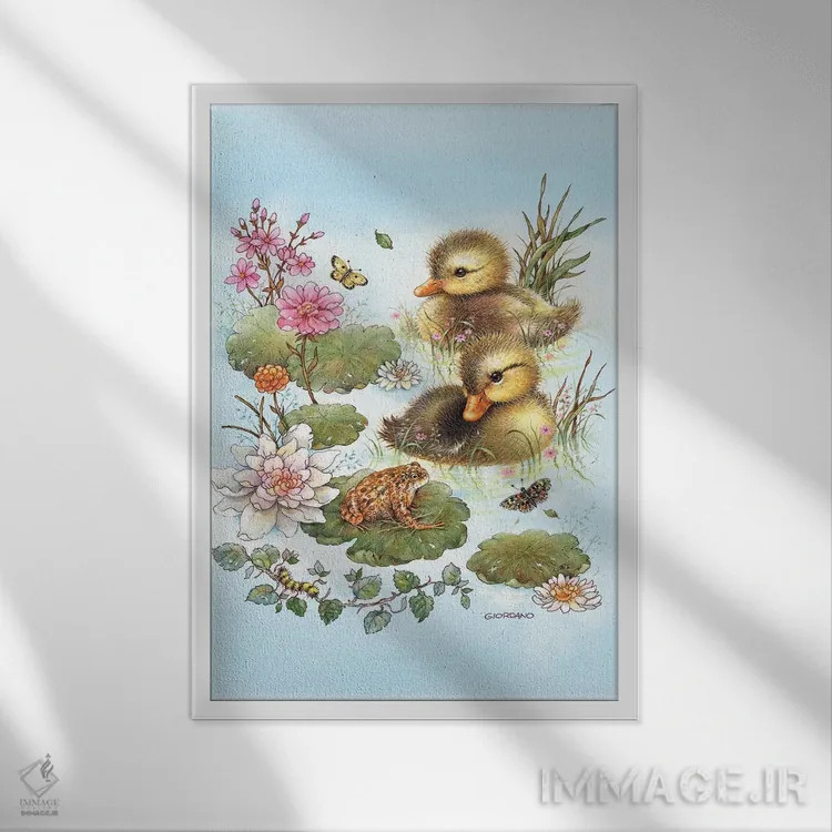تابلو دکوراتیو اردک های تازه از تخم درآمده اثر جوردانو استودیو - نمای قابدار سفید