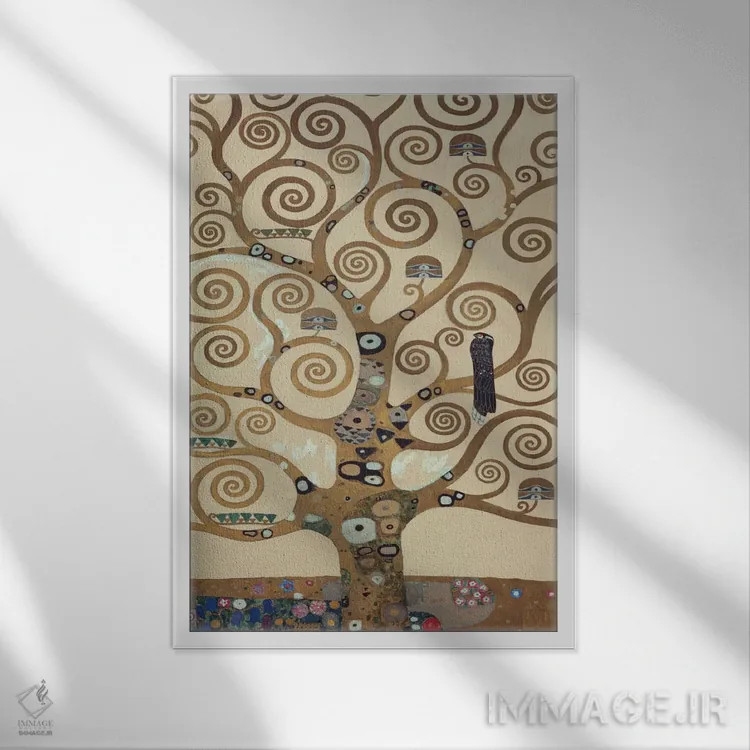 تابلو کلاسیک درخت زندگی، جزئیات درخت اثر گوستاو کلیمت - نمای قابدار سفید