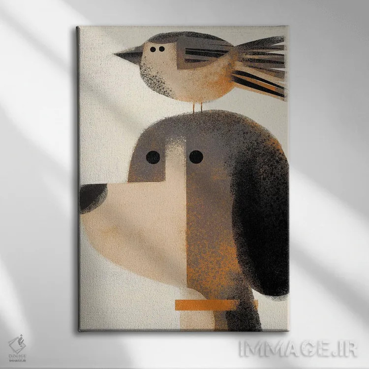 تابلو مدرن سگ با گنجشک مزاحم اثر گارث لوکاس - نمای روبهرو روی دیوار