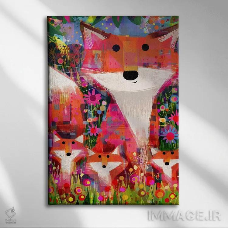 تابلو مدرن Foliage And Flowers,روباه ها، شاخ و برگ و گل ها اثر گارث لوکاس - نمای روبهرو روی دیوار
