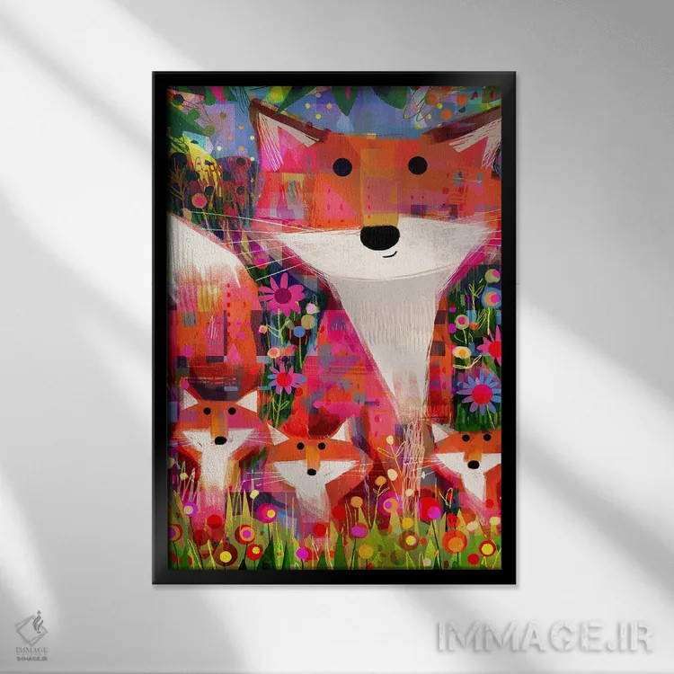 تابلو مدرن Foliage And Flowers,روباه ها، شاخ و برگ و گل ها اثر گارث لوکاس - نمای قابدار مشکی